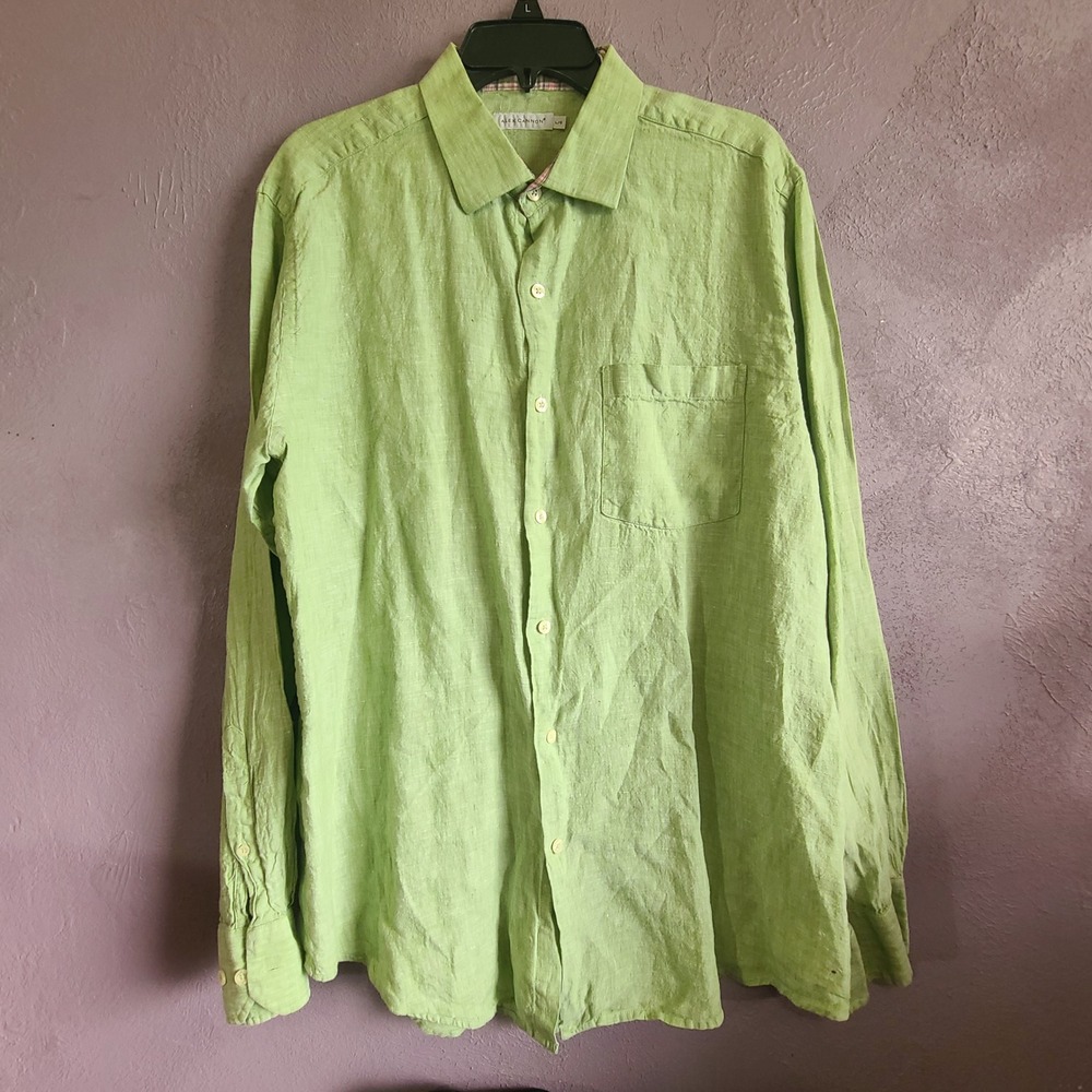 Alex Cannon Button Down Shirt Men Large Green 100% Linen Long Sleeve Plaid Trim